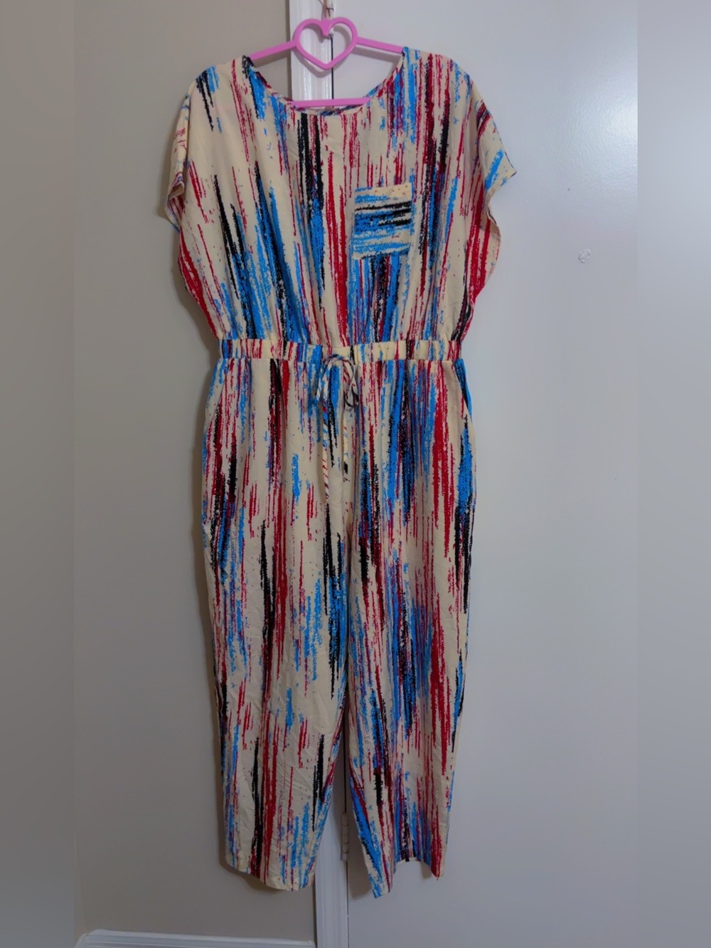 Cream Midi Dress with Red, Blue & Black Brushstroke Print